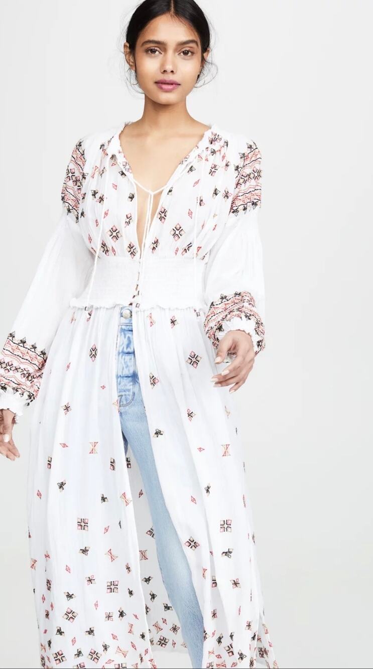 Free People Maxi Top Mykonos Embroidered Floral White Duster Blouse size XS